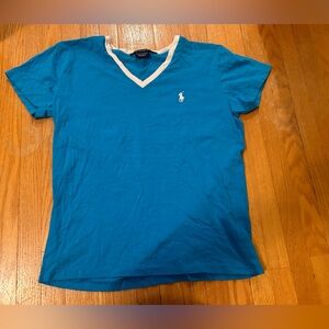 Vintage Ralph Lauren Sport v neck Blue Tee with White Accents